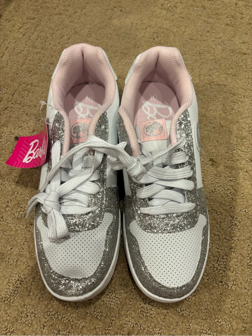 Barbie White Sneakers with Silver Glitter and Pink Lining